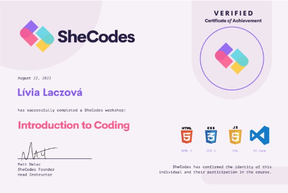 Certificate SheCodes Basics Introduction to Coding