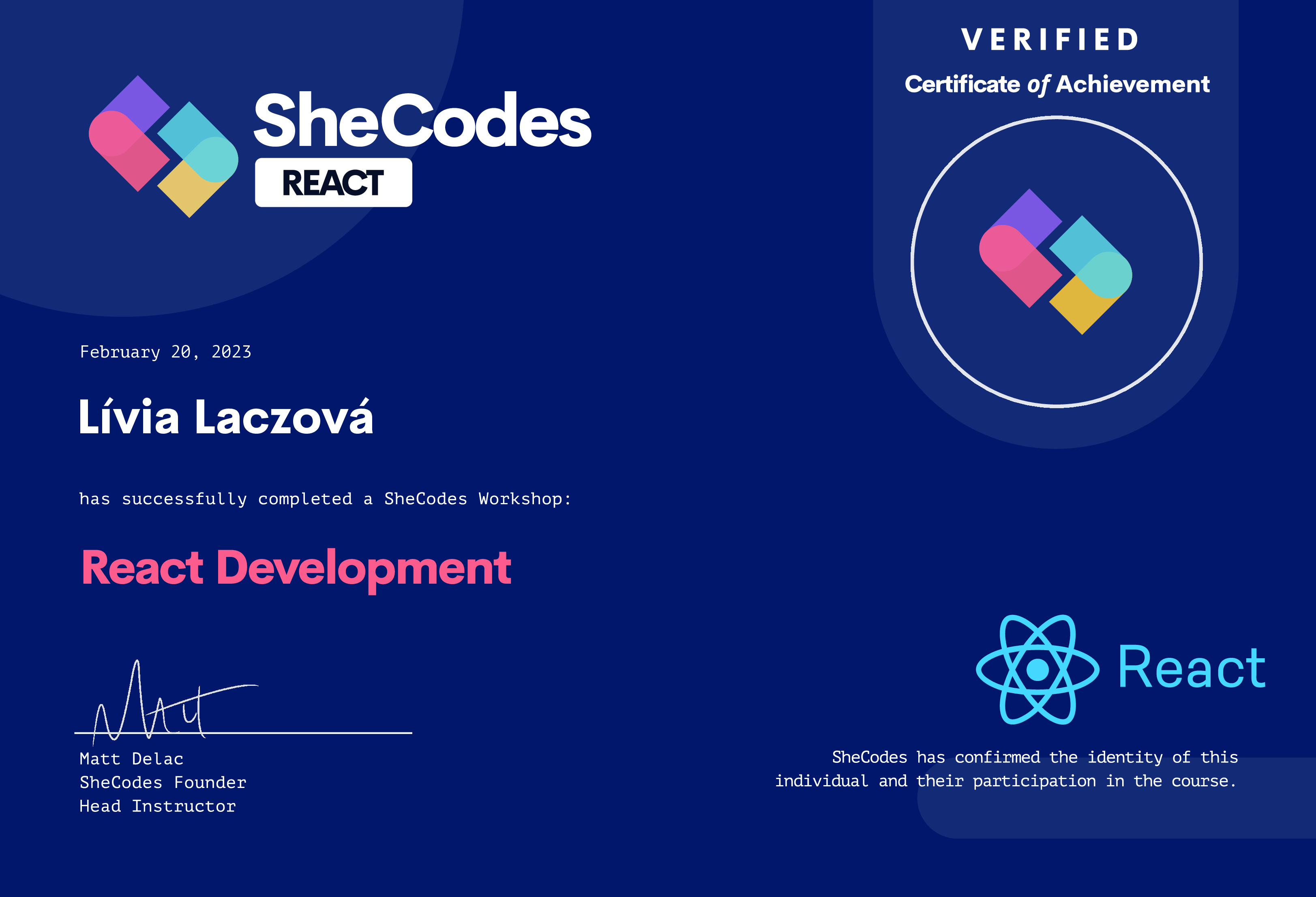 Certificate SheCodes React Development